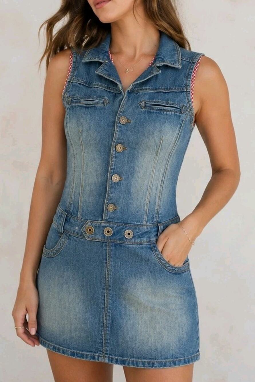 Bang Bang Denim Dress 90 S Blue Jean Sleeveless Jumper Y2K Gingham Western